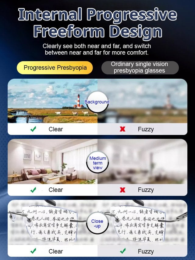 Auto-Focus Eyeglasses with Adjustable Eyebrow Frame and Blue Light Blocking for Presbyopia